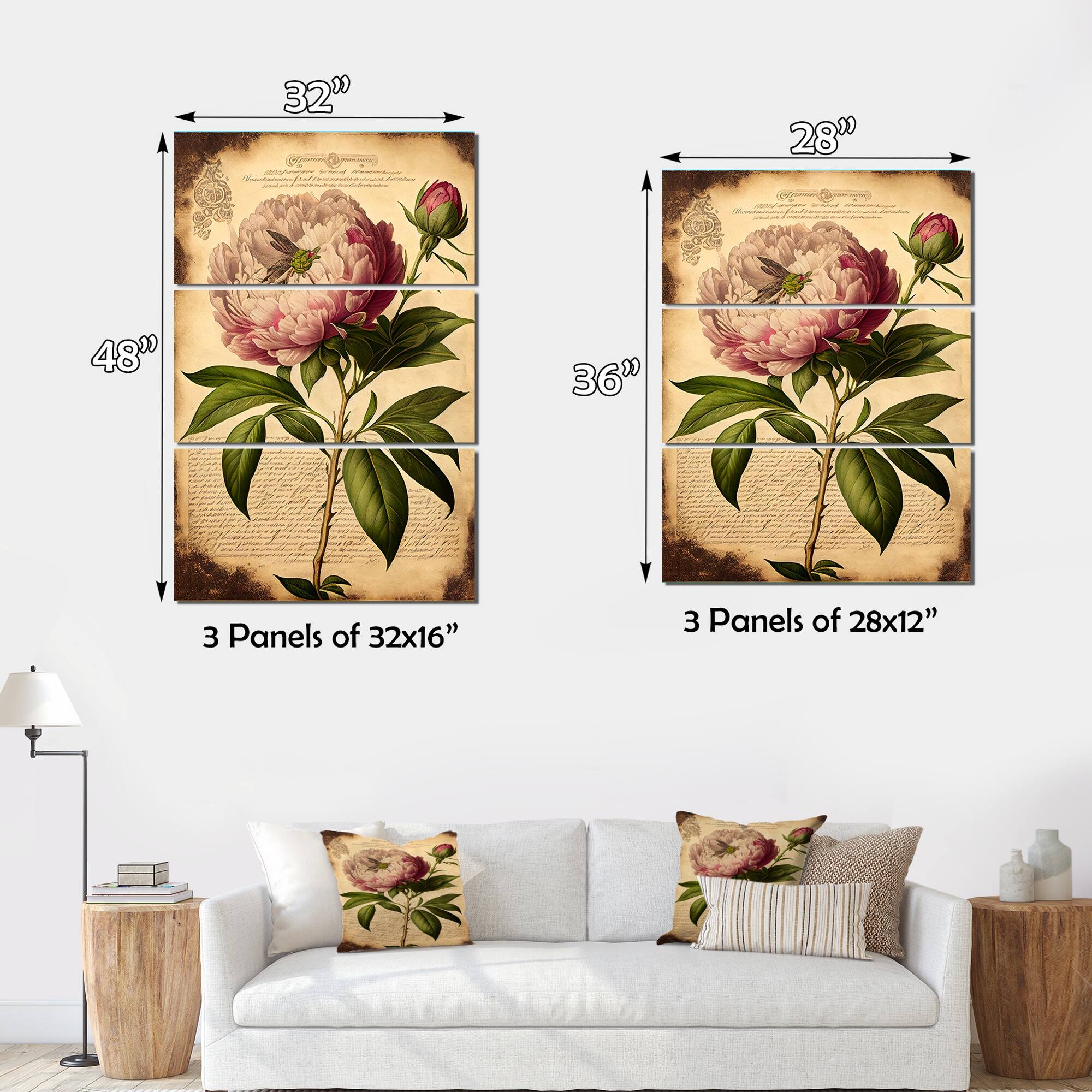 Designart "Vintage Pink And White Peony IV" Floral Peony Canvas Art Print 3 Panels Bed Bath